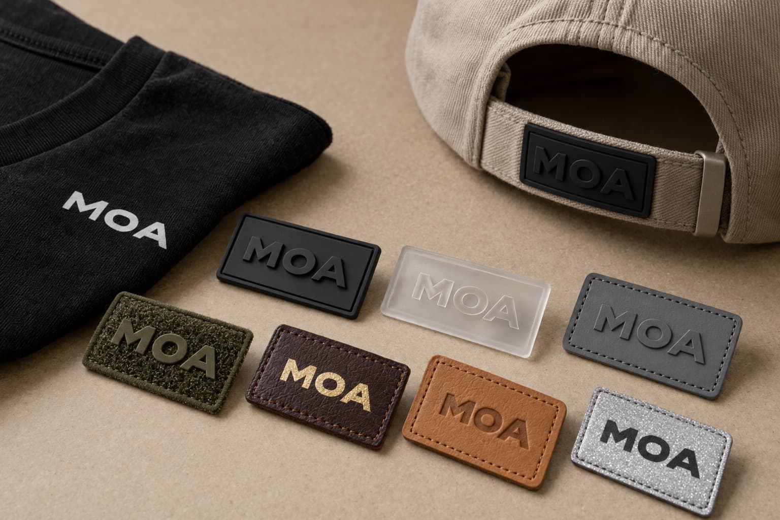 MOA 부자재 모음 — 실리콘·TPU·고주파·벨크로·전사·불박·가죽·3M 반사 라벨과 티셔츠, 모자 (합성 이미지)